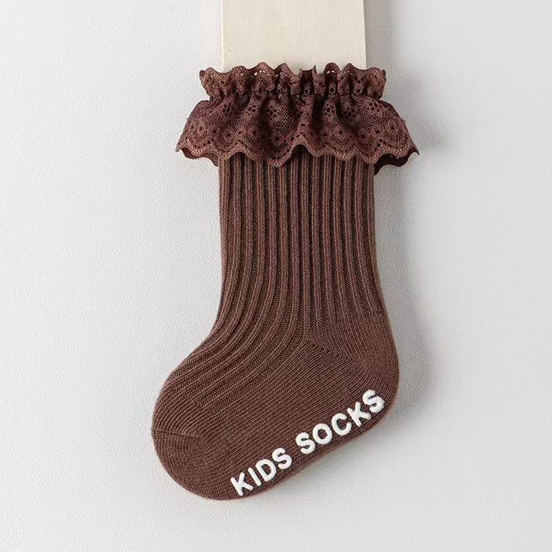 Calcetines largos con volantes para bebés y niñas de colores sólidos de encaje de algodón de estilo largo