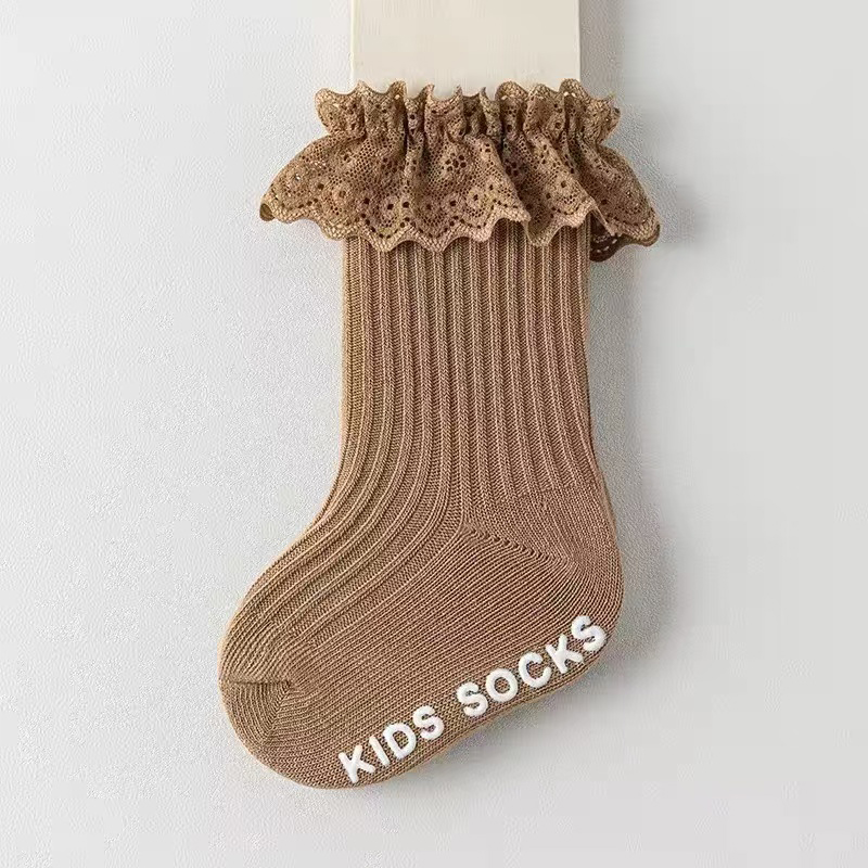 Calcetines largos con volantes para bebés y niñas de colores sólidos de encaje de algodón de estilo largo