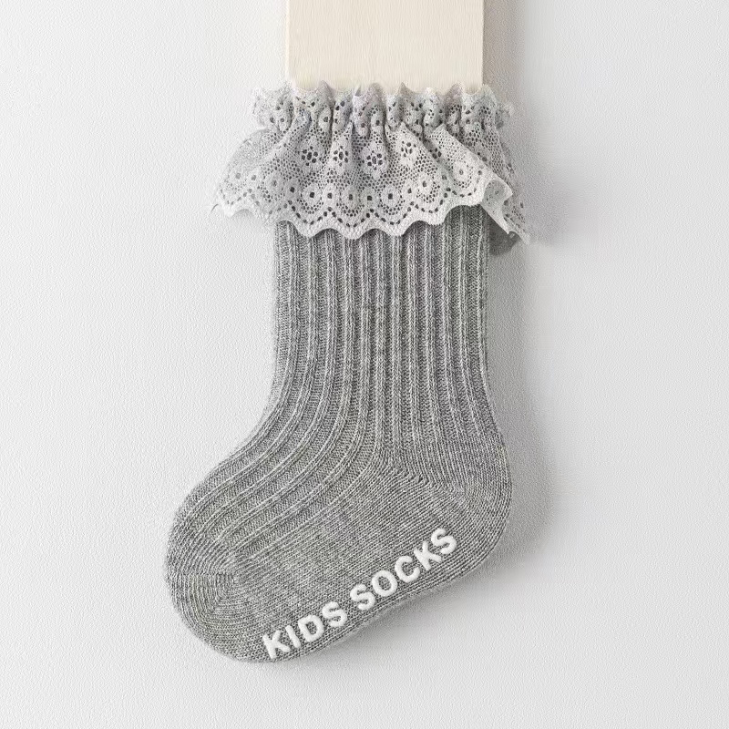 Calcetines largos con volantes para bebés y niñas de colores sólidos de encaje de algodón de estilo largo