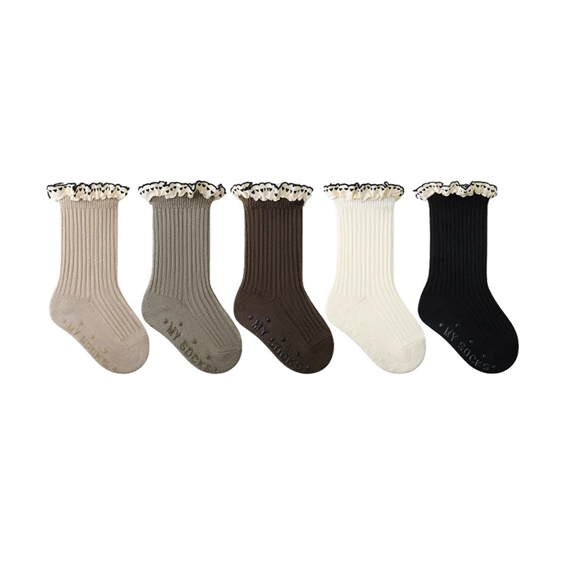 Paquete de 5 calcetines con volantes para bebés y niñas con agarres antideslizantes